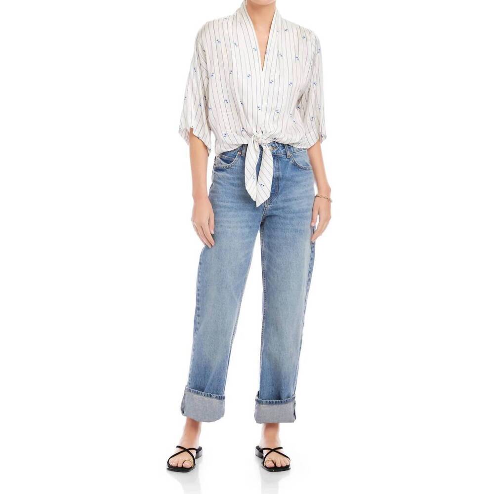 NEW FIFTEEN TWENTY bernice tie-front blouse in cream/blue